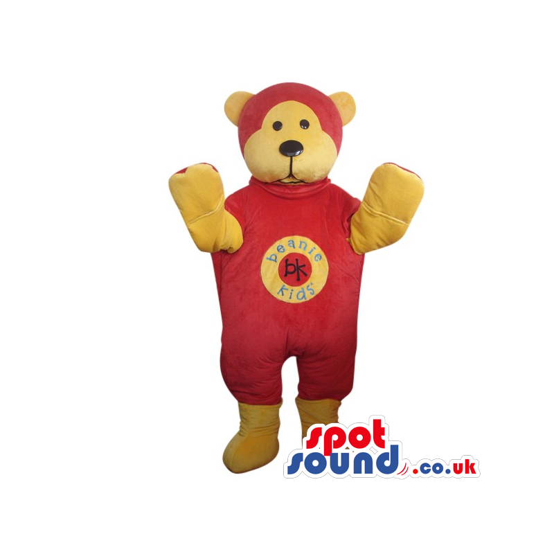 Yellow Teddy Bear Plush Mascot Wearing Red Clothes With A Logo