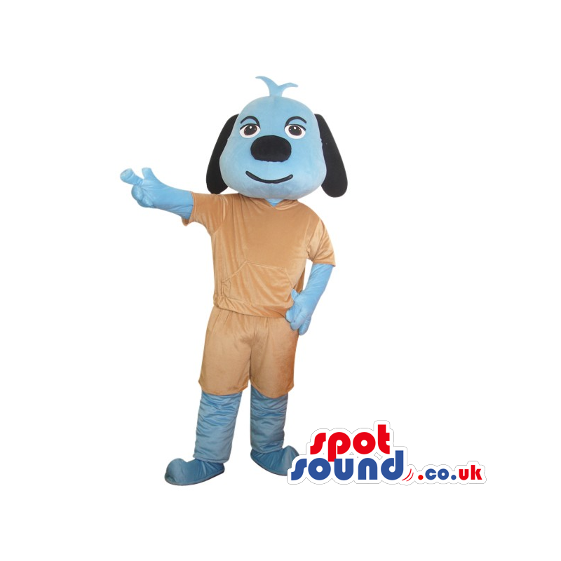 Cute Blue Dog Plush Animal Mascot Wearing Brown Clothes -