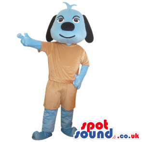 Cute Blue Dog Plush Animal Mascot Wearing Brown Clothes -