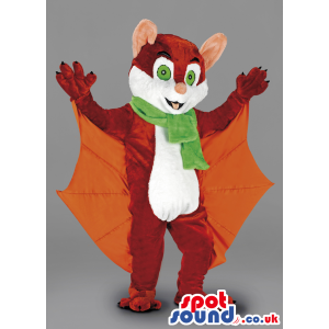 Friendly bat mascot with open wings and green eyes and scarf -