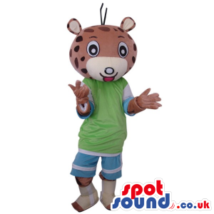 Fantasy Brown Tiger Plush Mascot Wearing Blue And Green Clothes
