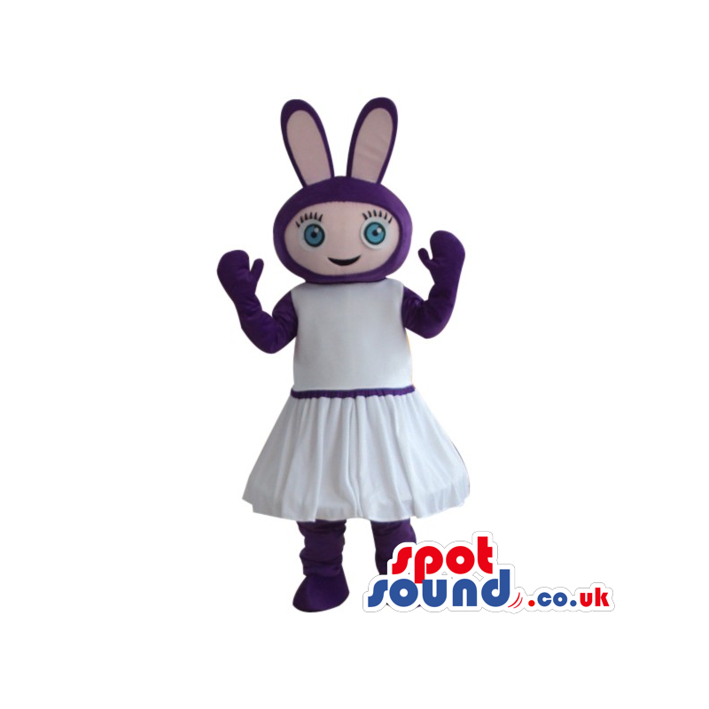 Fantasy Purple Girl Bunny Plush Mascot Wearing A White Dress. -