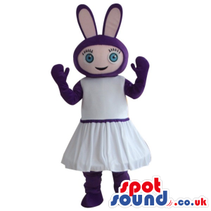 Fantasy Purple Girl Bunny Plush Mascot Wearing A White Dress. -