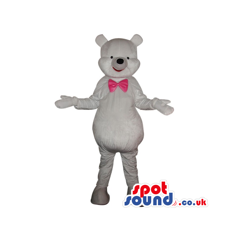 All White Teddy Bear Plush Mascot Wearing A Pink Bow Tie -