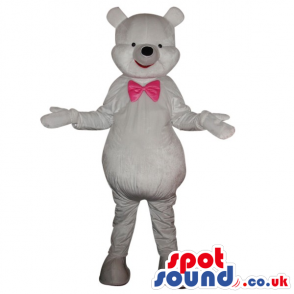 All White Teddy Bear Plush Mascot Wearing A Pink Bow Tie -