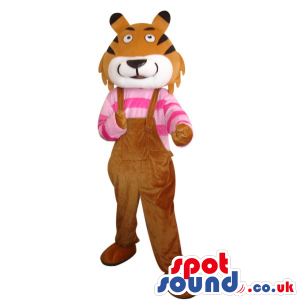Cute Brown Tiger Plush Mascot Wearing Overalls And Striped