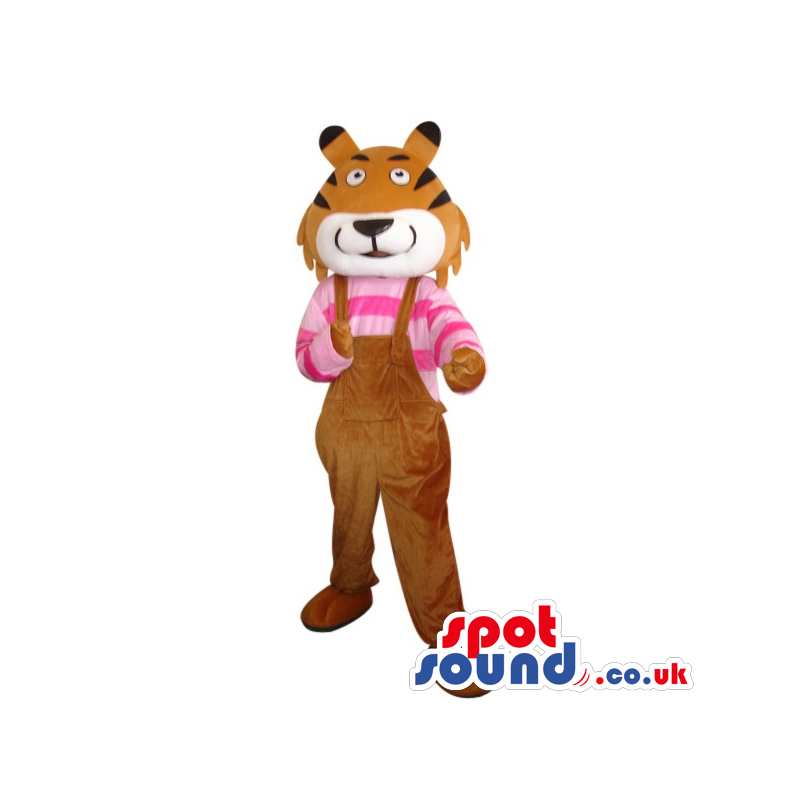 Cute Brown Tiger Plush Mascot Wearing Overalls And Striped