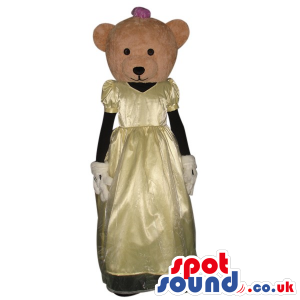 Teddy Bear Girl Animal Plush Mascot With A Yellow Bride Dress -