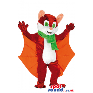 Friendly bat mascot with open wings and green eyes and scarf -