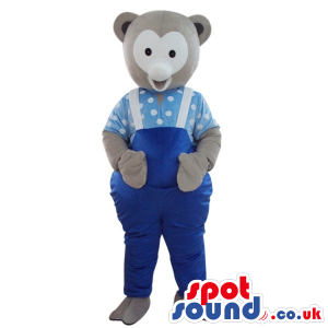 Grey Teddy Bear Plush Mascot Wearing Blue Overalls And Shirt -