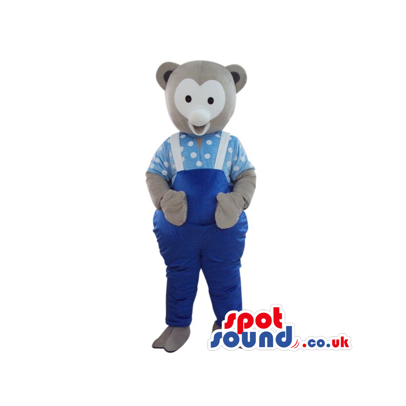 Grey Teddy Bear Plush Mascot Wearing Blue Overalls And Shirt -