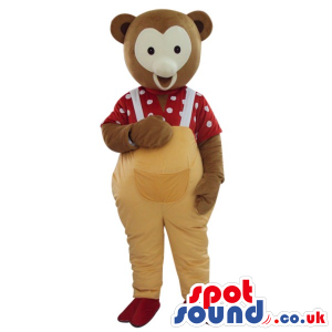 Grey Teddy Bear Plush Mascot Wearing Yellow Overalls And Shirt