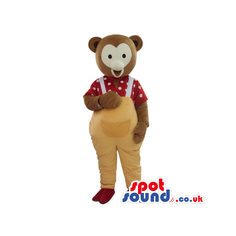 Grey Teddy Bear Plush Mascot Wearing Yellow Overalls And Shirt