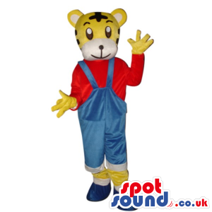 Cute Yellow Tiger Plush Mascot Wearing Overalls And Red Shirt -
