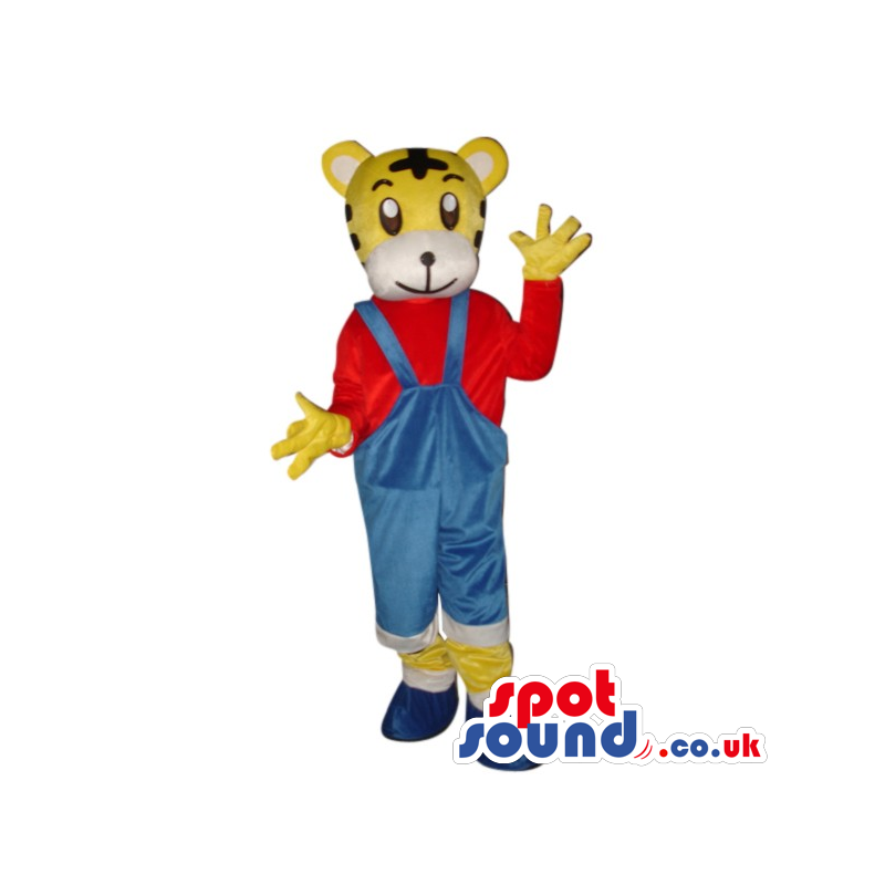 Cute Yellow Tiger Plush Mascot Wearing Overalls And Red Shirt -