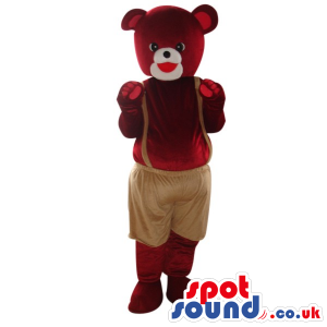 Dark Brown Teddy Bear Plush Mascot Wearing Brown Pants. -
