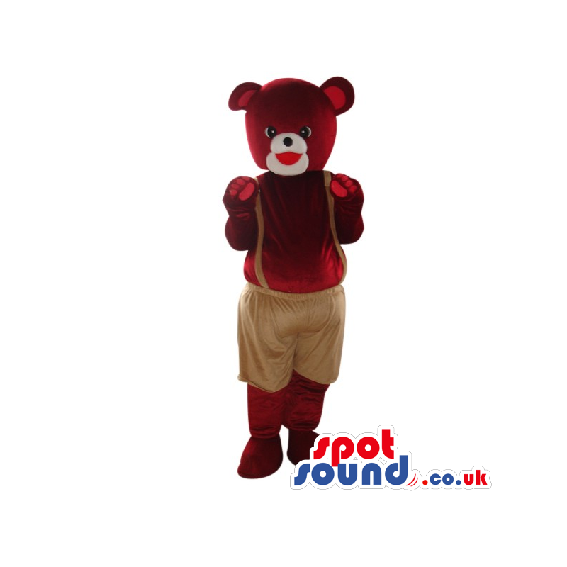 Dark Brown Teddy Bear Plush Mascot Wearing Brown Pants. -