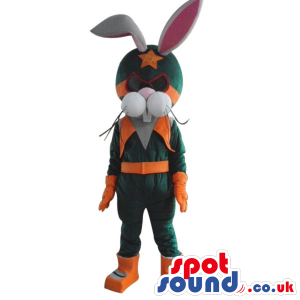 White Bunny Plush Mascot Wearing Orange And Green Hero Garments