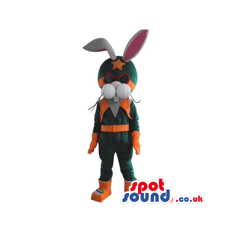 White Bunny Plush Mascot Wearing Orange And Green Hero Garments