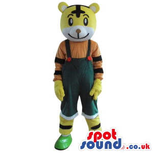 Cute Yellow And White Tiger Plush Mascot Wearing Overalls -