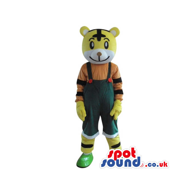 Cute Yellow And White Tiger Plush Mascot Wearing Overalls -