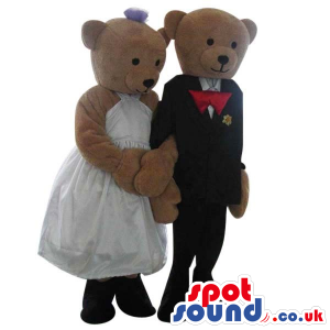 Brown Teddy Bear Couple Plush Mascots Wearing Wedding Garments