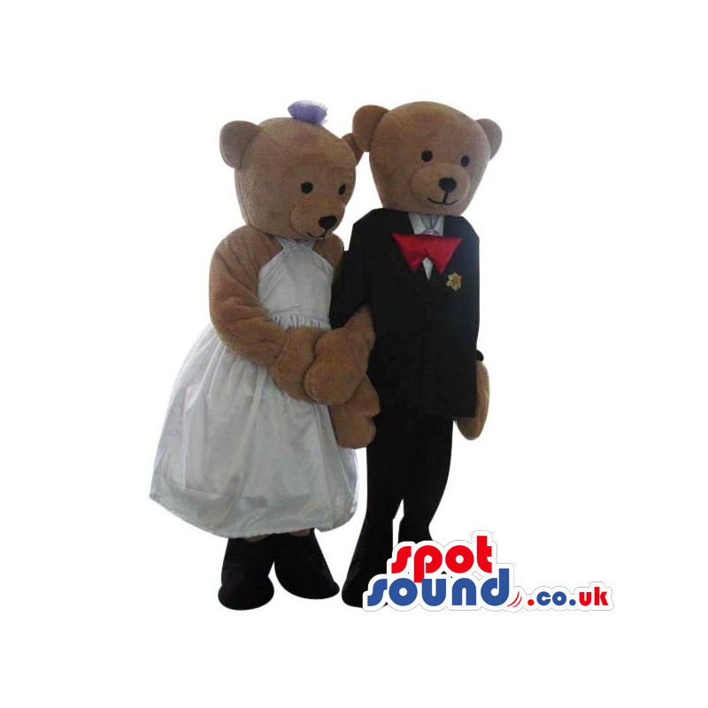 Brown Teddy Bear Couple Plush Mascots Wearing Wedding Garments