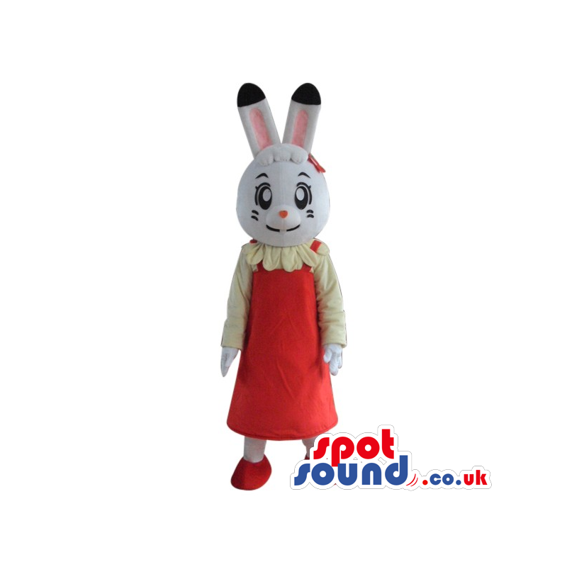 Cartoon White Girl Bunny Plush Mascot Wearing A Red Dress -