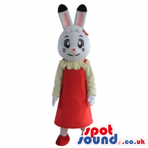 Cartoon White Girl Bunny Plush Mascot Wearing A Red Dress -