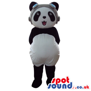 Cute Panda Bear Plush Animal Mascot Wearing A Pilot Hat -