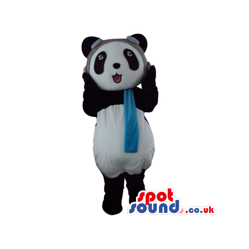Cute Panda Bear Plush Animal Mascot Wearing Pilot Hat And Scarf