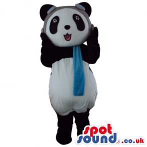 Cute Panda Bear Plush Animal Mascot Wearing Pilot Hat And Scarf