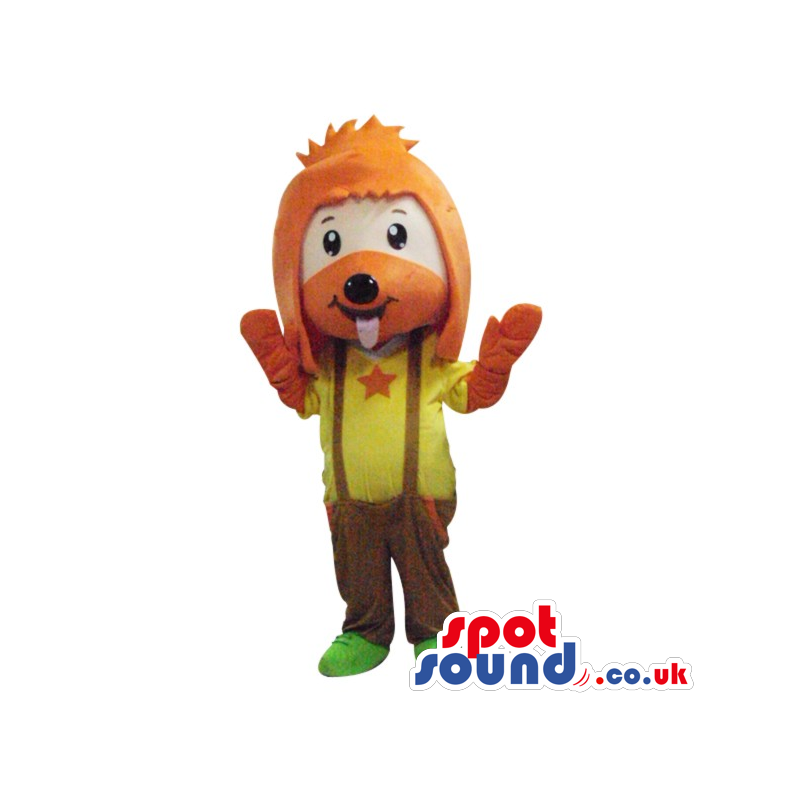 Cute Dog Plush Mascot With Big Orange Hair And Star T-Shirt -