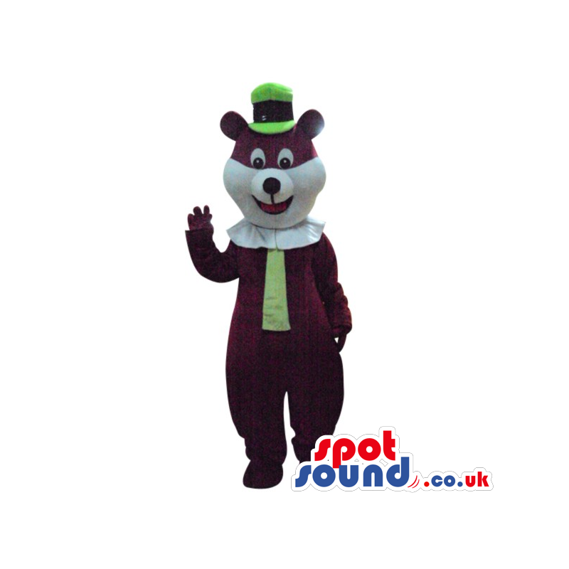Brown And White Bear Plush Mascot Wearing A Green Hat And Tie -