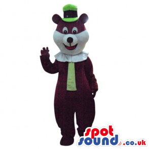 Brown And White Bear Plush Mascot Wearing A Green Hat And Tie -