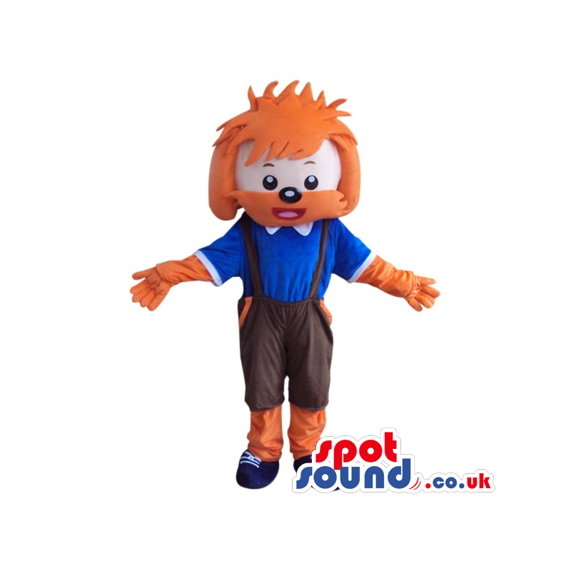 Cute Dog Plush Mascot With Big Orange Hairdo And Blue Shirt -