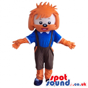 Cute Dog Plush Mascot With Big Orange Hairdo And Blue Shirt -