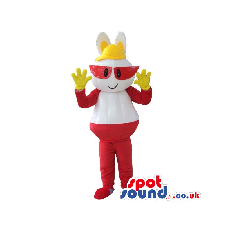 Red And White Plush Mascot With Red Glasses And Yellow Hat -