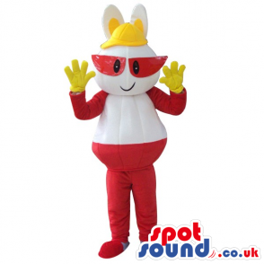 Red And White Plush Mascot With Red Glasses And Yellow Hat -