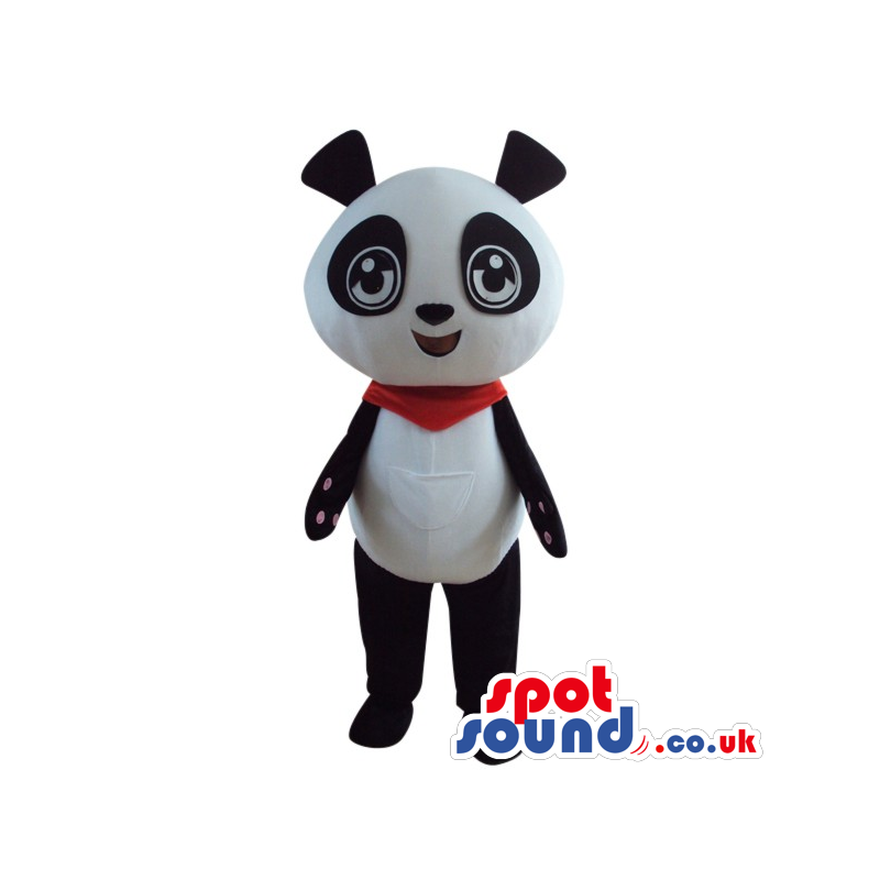 Cute Panda Bear Plush Animal Mascot Wearing A Red Neck Scarf -