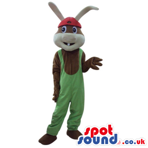 Cute Brown Bunny Plush Mascot With Long Ears, Wearing Overalls