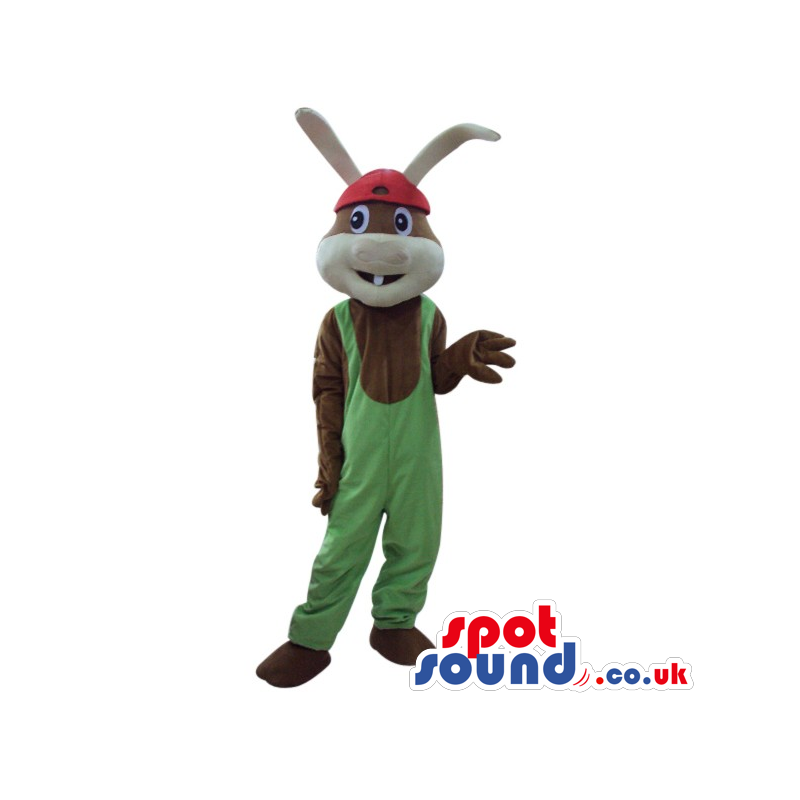 Cute Brown Bunny Plush Mascot With Long Ears, Wearing Overalls