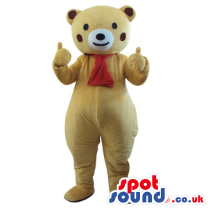 Beige Bear Plush Mascot With Red Cheeks, Wearing A Red Scar -