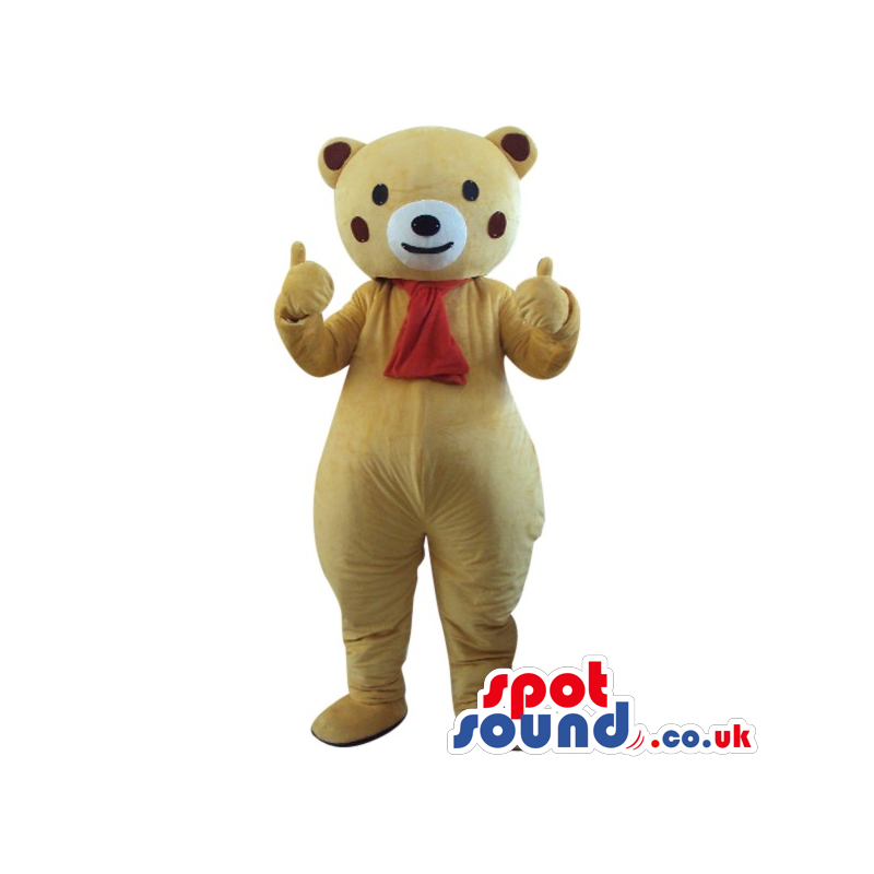 Beige Bear Plush Mascot With Red Cheeks, Wearing A Red Scar -