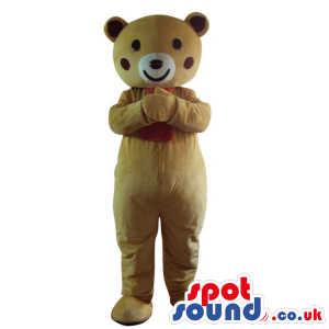 Beige Bear Plush Mascot With Red Cheeks, Wearing A Red Scar -