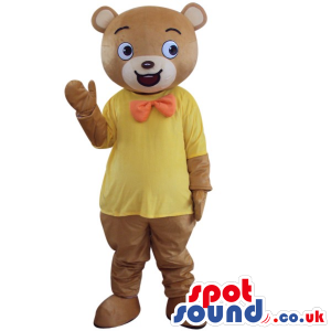 Brown Bear Plush Mascot Wearing A Now Tie And Yellow T-Shirt -