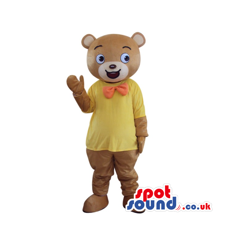 Brown Bear Plush Mascot Wearing A Now Tie And Yellow T-Shirt -