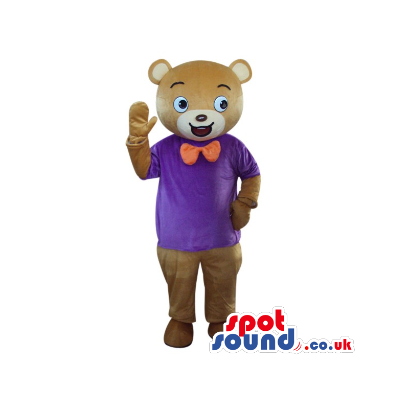 Brown Bear Plush Mascot Wearing A Now Tie And Purple T-Shirt -