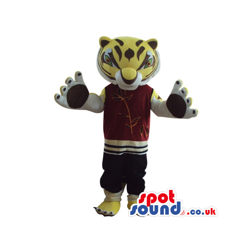 Cute Yellow Tiger Plush Mascot Wearing Red Sports Garments -