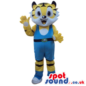 Cute Yellow Tiger Plush Mascot Wearing Blue Wrestling Clothes -